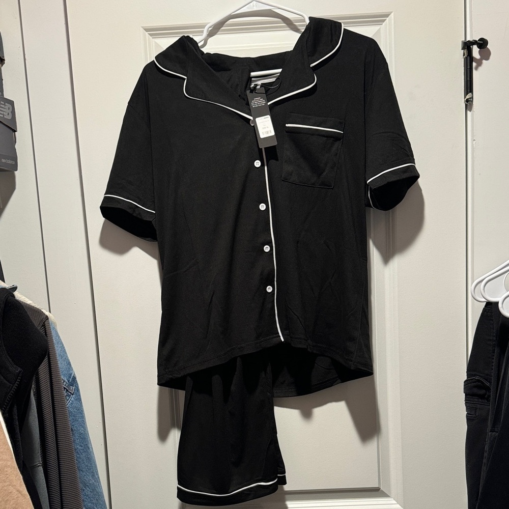 Fashion Nova Charcoal Pajama Set with White Piping